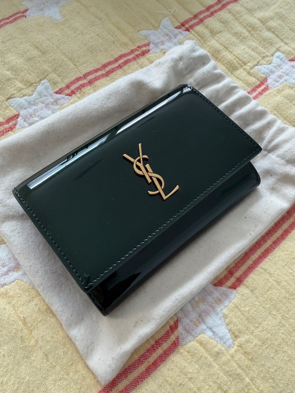 Saint Laurent Green Patent Leather Card Wallet with Gold YSL Logo